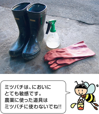 ミツバチは、においにとても敏感です。
		農薬に使った道具はミツバチに使わないでね！！
